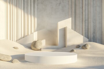 Minimalist, beige, product display podium, sandy background, stone accents, natural light