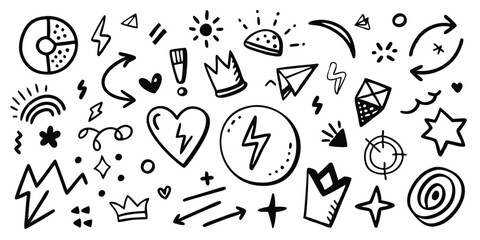 Hand-Drawn Doodle Elements: Black and White Vector Illustration of Arrows, Hearts, Stars, Crowns, Lightning Bolts, and Abstract Shapes