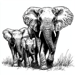 Naklejka premium A trio of elephants walks together through tall grass, showcasing their majestic presence in a stylized black and white illustration.
