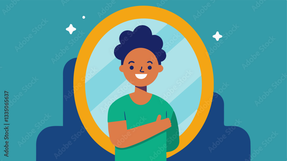 Poster mirror reflection a person standing in front of a mirror looking at their reflection with thought bu