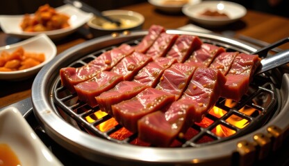 A close-up shot of raw beef being cooked on a charcoal grill with visible flames