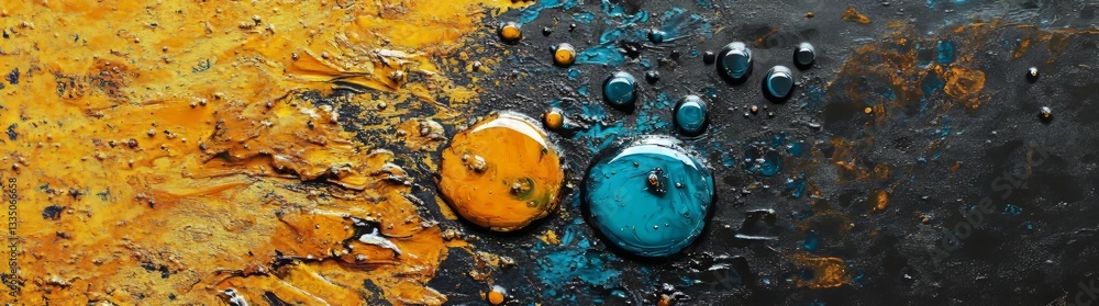 Poster an energetic abstract artwork displaying fluid waves of color and droplets, forming a vibrant intera