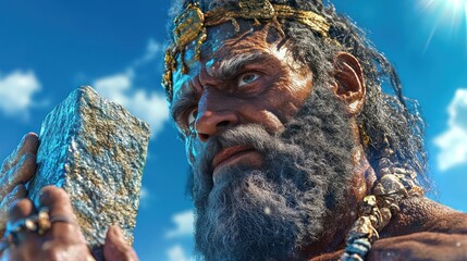 Moses holding Ten Commandments stone tablet, religious biblical theme concept
