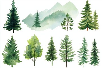 Obraz premium Watercolor Evergreen Trees Mountain Landscape Nature Illustration Botanical Painting Green Forest Pine Fir Coniferous Trees Collection Nature Scene 