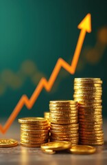 Stacks of shiny gold coins with rising graph. Financial success, investment growth, business profits, economic development. Indicates positive market trends, savings increase, capital accumulation,