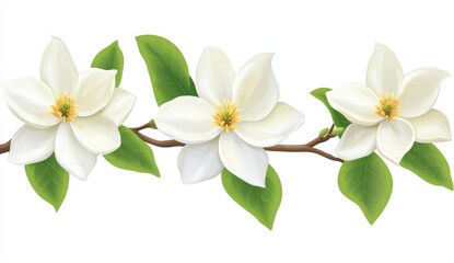 Fototapeta premium Delicate magnolia blossoms on a branch. Detailed illustration of white magnolia flowers and green leaves on a light brown branch