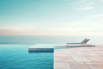 Fototapeta premium The sleek stone tiles and wooden deck of the infinity pool overlook the ocean, featuring a lounge chair and Nordic-inspired minimalism, all in pastel and muted tones, creating a calmatmosphere