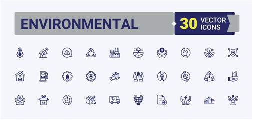Environmental modern icon set. Includes thin line eco, environment, energy, sustainable and more. Sustainability line icon set. Outline symbol collection. Pixel perfect. Vector line and solid icons.