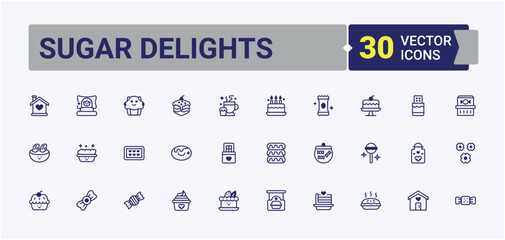 Sugar Delights vector icon set. Included cookie, sweet, candy, cupcake, cake and more. Sweets linear icon collection. Flat icons. Art and illustration.