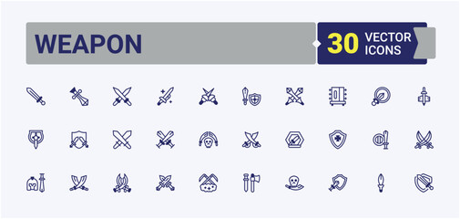 Weapon line icon set. Featuring ancient, antique, knife, sharp, dagger and more. Sword icon collection. UI icons set in a flat style. Vector line and solid icons.