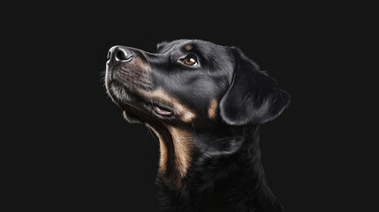 Rottweiler looking up with curious expression against dark background, showcasing its strong features and attentive gaze