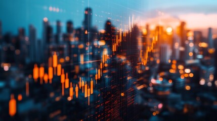Digital display with orange stock graph data over blurred city buildings at night.
