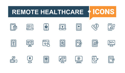 Set of Remote Healthcare line icon. Pack of medicine, consultation, virtual, phone, care and more. Telemedicine line icon. Minimalist icons collection. Vector illustration in modern line style.