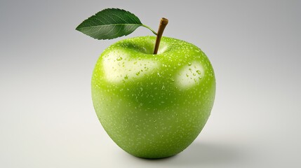 Closeup of a fresh green apple with leaf, symbol of health and natural goodness