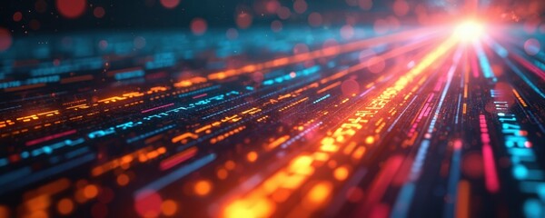 Abstract binary data streams in motion. Orange, red, blue lines create texture. Tech background with network, computer code elements. Visual signals transmission interface with encrypt dynamic cyber