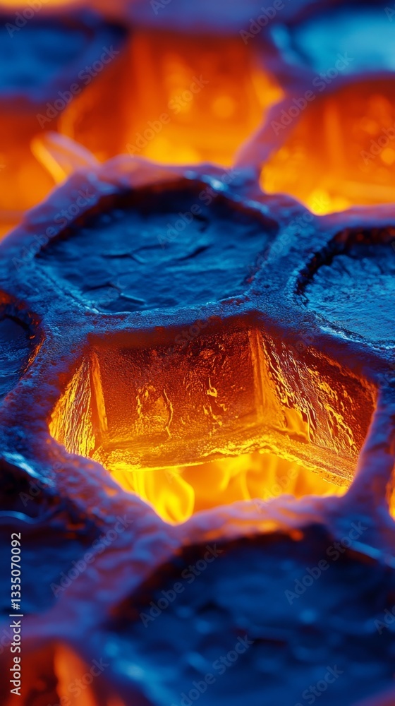 Poster a close-up of a colorful hexagonal motif, featuring intricate details and a striking combination of 