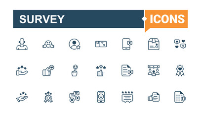 Survey related icon set. Containing review, feedback, positive, appreciation, experience, rating and more. Testimonial icon set. Thin linear style icons. Editable vector outline and solid icons.