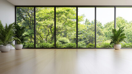 Fototapeta premium serene minimalist interior with large windows showcasing lush greenery outside, creating peaceful atmosphere