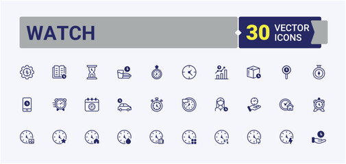 Watch icon set. Contain linear sign hour, countdown, dial, timer, day, clock and more. Time And Clock simple icon set. Perfect for logos and infographic. Pixel perfect. Vector line and solid icons.