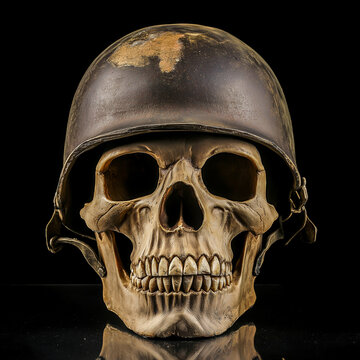 A detailed human skull wearing a worn-out military helmet, set against a dark background, symbolizing war, mortality, and historical themes