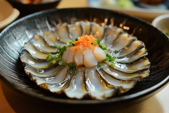 Chilled sashimi abalone dish at a restaurant near Wando gun South Korea