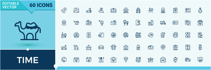 Time icon collection. Includes thin sign for clock, hour, watch and more. Modern linear icons. Alarm simple icon set. Solid line editable stroke. Vector collection.