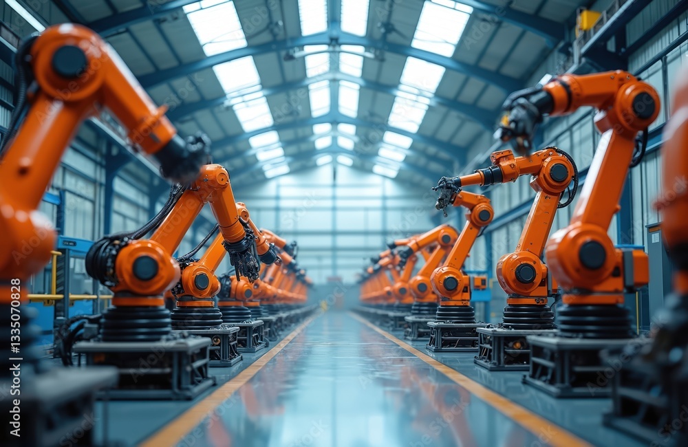 Poster robotics-driven factory floor with orange robotic arms, machines working seamlessly together. blue w