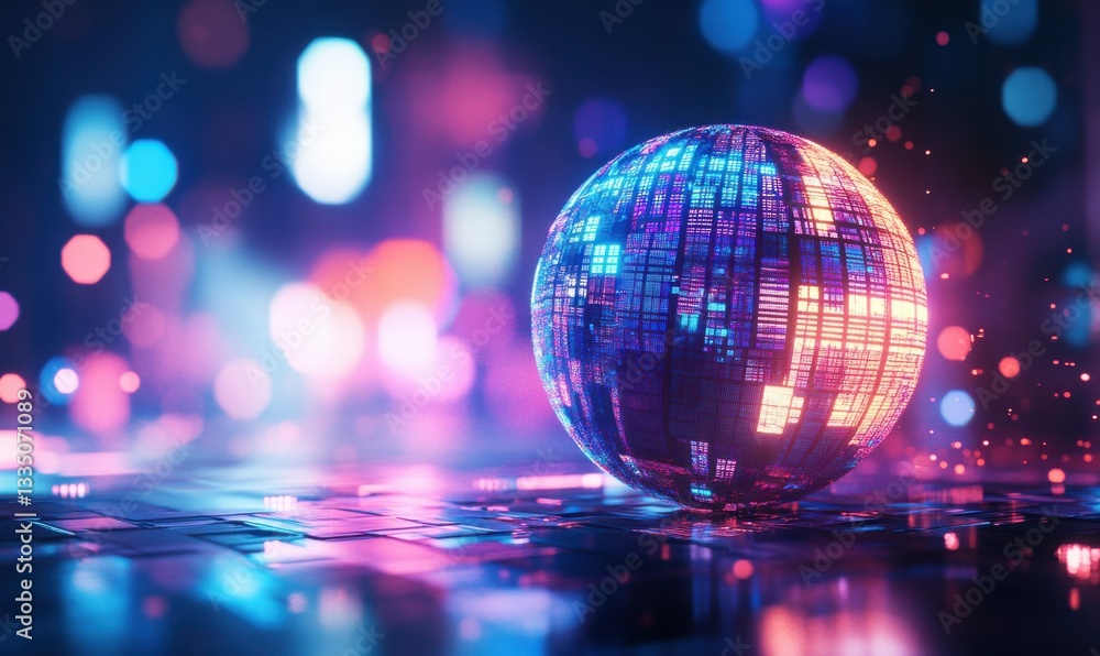 Poster abstract futuristic sphere made of glowing digital particles, dynamic composition with vibrant blue 