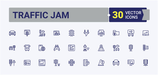 Traffic Jam icon set. Contains related to city, road, pedestrian, way, transport and more. Traffic modern icon. Minimal linear icons. Vector line and solid icons. Pixel perfect.
