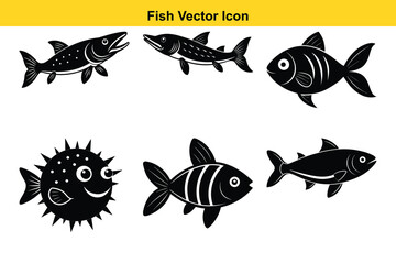 Naklejka premium Fish Vector Icon: A collection of six stylized fish icons in a monochrome palette, showcasing various aquatic species and their unique shapes. Suitable for design projects
