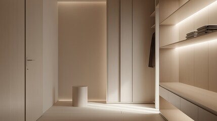 Modern and minimalist walk-in closet with a minimalist design. the walls are painted in a light beige color and the floor is made of light-colored tiles.