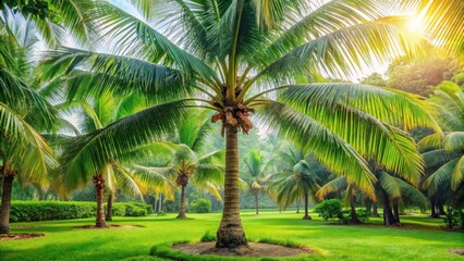 A coconut tree with tall trunk and lush green leaves standing in a tropical garden