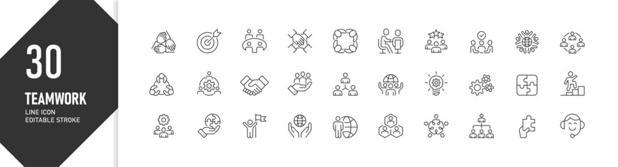 Teamwork Line Icons for Business Collaboration, Corporate Strategy, and Leadership in Office, Editable Stroke Icon Set for Web and Print