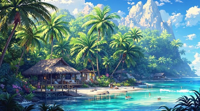 Picturesque beach with palm trees, wooden hut, and rocky green mountains under a bright, clear sky. Anime style