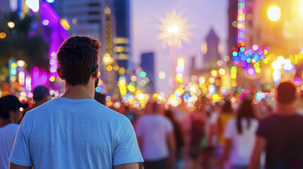 Fototapeta premium man stands in vibrant crowd during festive event, surrounded by colorful lights and joyful atmosphere