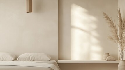 Modern bedroom with a minimalist design. the walls are painted in a light beige color and the floor is made of wood.