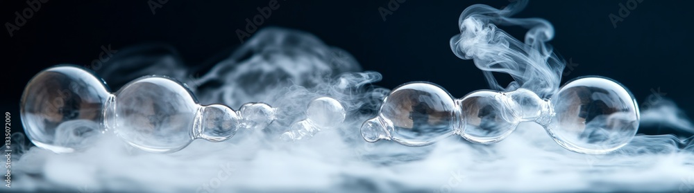 Poster a close-up of a see-through round object emitting mist, surrounded by soft white material, featuring