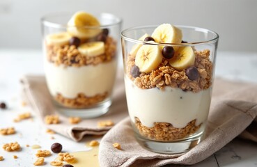 Two glasses of crunchy granola with yogurt, banana, nuts, chocolate toppings. Healthy breakfast concept. Sweet dessert with muesli, parfait, dairy, fruit, cereal, nourishment, homemade, berry.