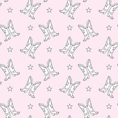 Fototapeta premium A seamless pattern featuring hand-drawn cowboy boots and stars on a soft pink background. Perfect for fabric, wallpapers, or digital designs with a western aesthetic