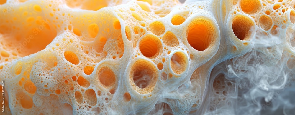 Poster an animated, abstract portrayal of cellular structures with radiant orange orbs, showcasing detailed