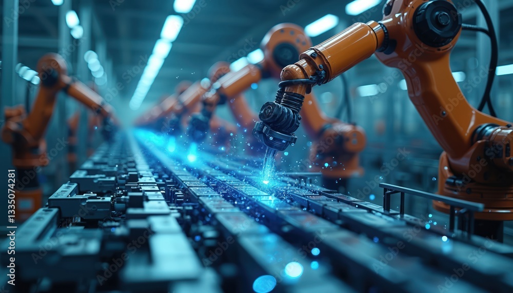 Aufkleber robotic arms work on automated production line. iot software optimizes performance, monitors efficie