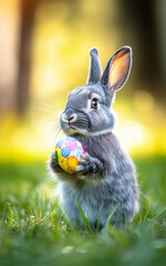 cute easter bunny holding a colorful easter eggs on a green meadow with spring light