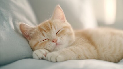 Obraz premium Relaxed orange tabby cat lounging on soft couch, sunlit room, peaceful ambiance, perfect for cozy home moments, copy-space available.