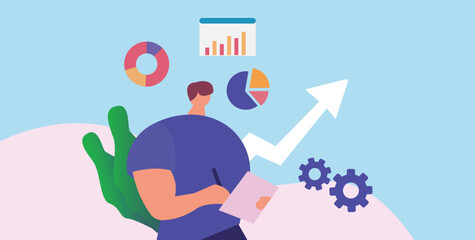 flat vector illustration design style concept. business cartoon character design. working and online video conference meeting. business planning. data analytics. finance investment.