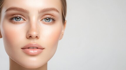 Obraz premium Young woman with flawless skin, light makeup, neutral background, emphasizes natural beauty, ideal for beauty and skincare themes.