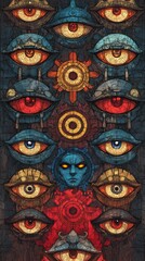 Naklejka premium A dynamic stained glass eye design showcasing bright colors, complex patterns, and a fascinating central iris, resulting in a captivating visual experience