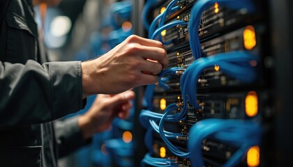 IT technician connects blue cables to server rack in data center. Engineer works on hardware equipment in server room, maintains illuminated connections, network infrastructure.