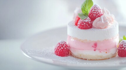 Delicate dessert display, elegant layered cake topped with fresh raspberries, soft pastel colors, perfect for celebrations.