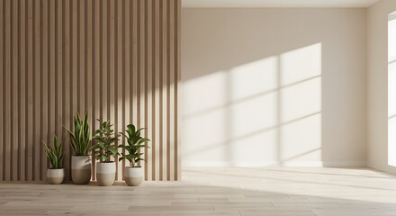 Modern Minimalist Interior with Wooden Paneling and Houseplants