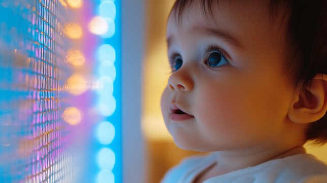 Curious toddler fascinated by colorful lights, baby interacting with vibrant visuals in a playful, engaging environment.